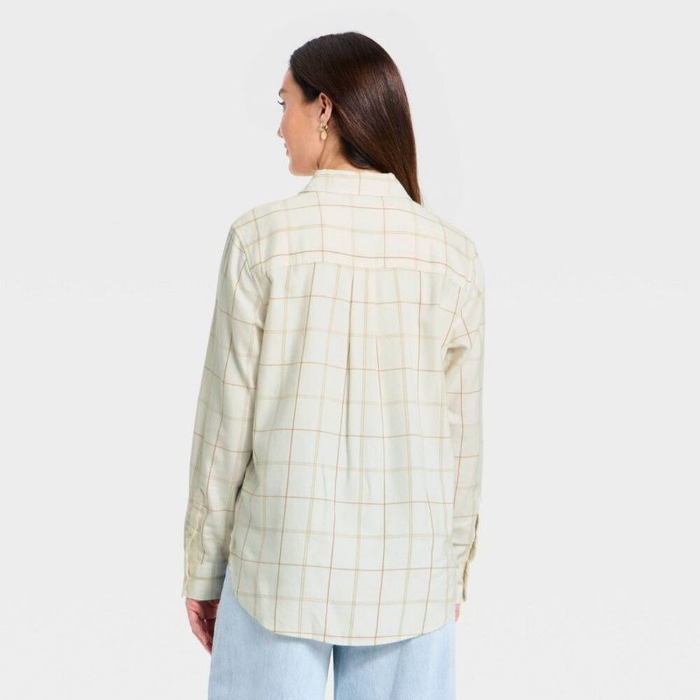 Women's Long Sleeve Collared Flannel Button-Down Shirt - Cream Plaid XS - Picture 2 of 4